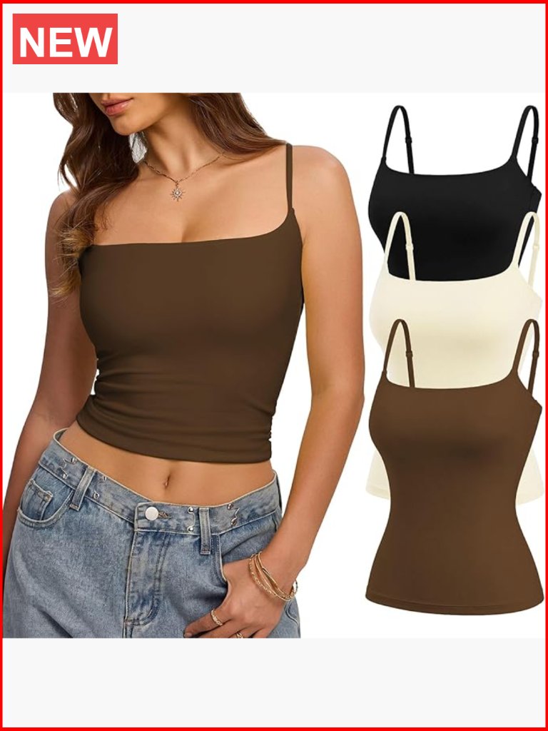 3 Pack Square Neck Fitted Tank Tops Spaghetti Strap Cami Double Lined Stretchy